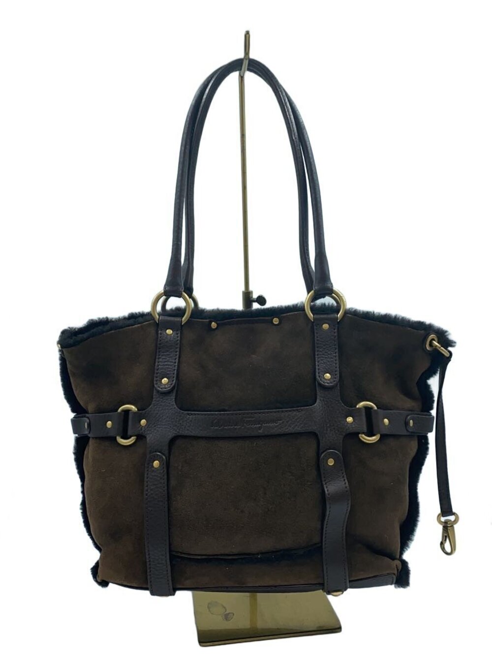 Salvatore Ferragamo Gancini Handbag Suede Brown Shoulder Strap